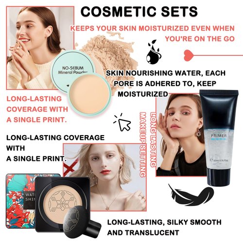 Mushroom Head Air Cushion CC Cream Full Coverage Liquid Foundation,Oil Control Concealer Lasting Moisturizing BB Cream,Loose Setting Face Powder Moisturizer Base Primer Makeup with Makeup Sponge