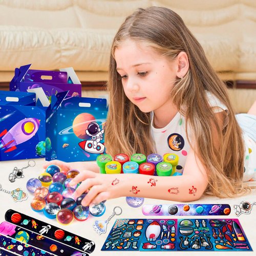 Space Party Favors, 70pcs Space Themed Party Favors, Space Birthday Decorations Includ Space Goodie Bags Stamp Slap Bracelet etc Space Birthday Party Favors for Space Themed Birthday Party Supplies