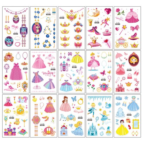 HAIIDOAK Princess Kids Temporary Tattoos, 15 Sheets Glitter Princess Series Temporary Tattoos for Kids, Ideal for Kids Party Decor Supply