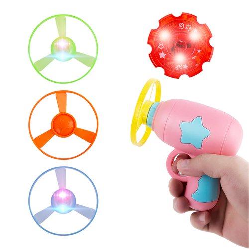 Berry President Flying Saucer Toy, Flying Disc Launch Playset with Rotating Flash Light, Indoor Outdoor Twist Shoot Toy for Kids Aged 3 Years Old & Up (Pink)