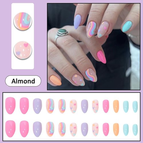 BAOYAALIN Press on Nails Medium Almond Shaped Fake Nails with Rainbow Colorful Heart Design Full Cover False Acrylic Glue Stick on Nail for Women Girls 24Pcs