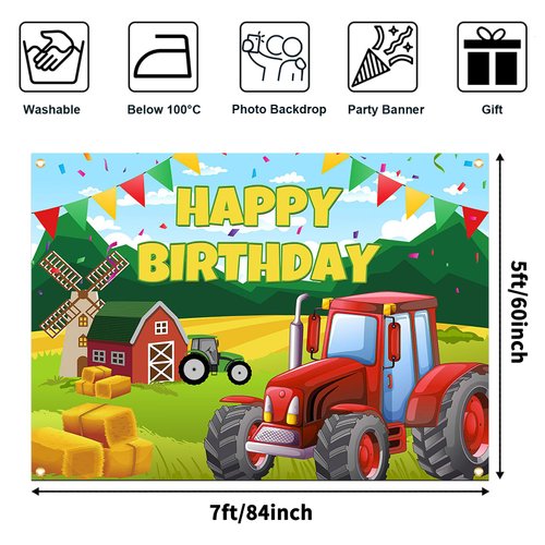 Avezano Tractor Birthday Backdrop for Kids Farm Red Barn Tractor Birthday Party Decorations Banner Farm Themed Backdrop for Children's Birthday Party (7x5ft)