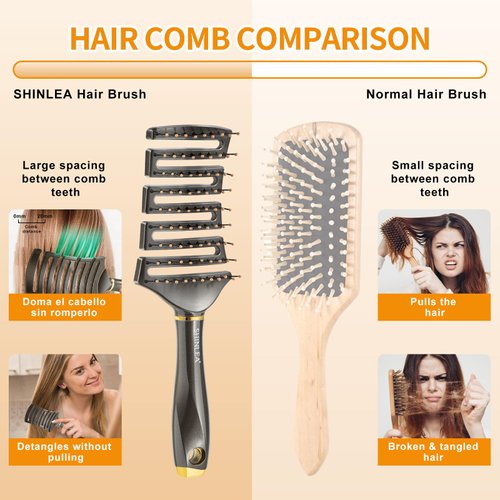 SHINLEA Curved Detangling Brush for Curly Hair, Professional Vented Anti-Tangle Brush for Wet & Dry, Ideal for Textured 2A to 4C Hair and Thick Blow Drying