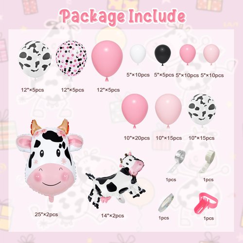 Amandir 115PCS Cow Party Decorations Pink Cow Balloon Garland Arch Kit with Cow Print Balloons Happy Birthday Banner Cake Topper for Girl Baby Shower Farm Animals Cow Themed Birthday Party Supplies