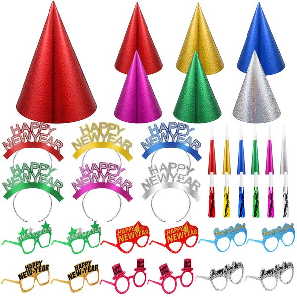 Halloscume 36 Pcs Happy New Years 2025 Eve Party Supplies,6 Party Cone Hats 6 Headbands 12 Eyeglasses 6 Horns 6 Noise Makers