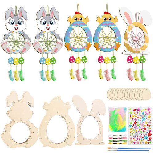 Fennoral 5 Pack Easter Dream Catcher Craft Kit for Kids Paint You Own Bunny Chick Dream Catcher Ornament DIY Coloring Wooden Easter Art and Craft for Art Activity Project Easter Decoration