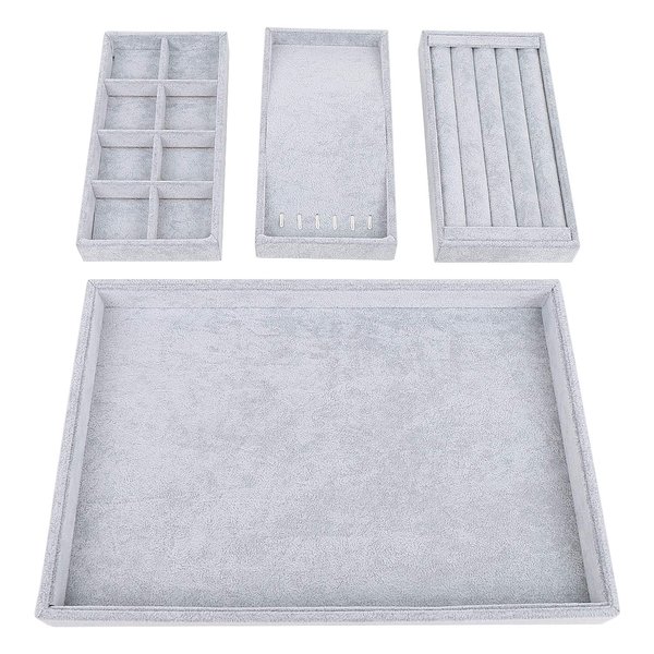 STYLIFING 4 in 1 Jewelry Organizer Trays, Stackable Velvet Jewelry Tray for Drawers Ring Earring Necklace Bracelet Storage Box(Grey)