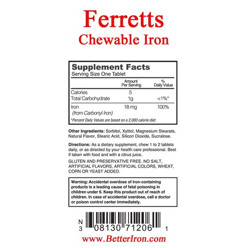 Pharmics Ferretts Chewable Iron Supplement, 60 Chewable Tablets, 18mg of Iron