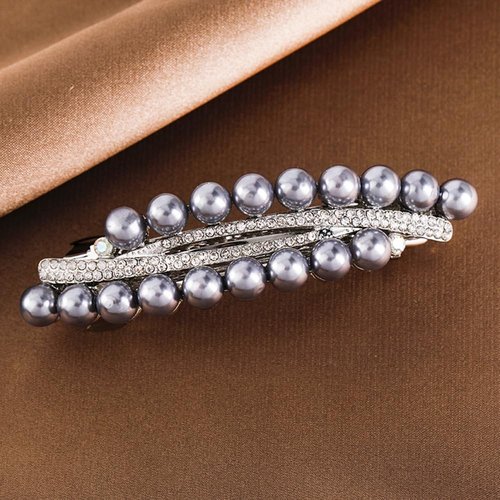 Xerling Pearl French Barrettes Hair Clip Automatic Hair Accessories Hair Spring Clips Rhinestone Hair Piece for Women (Gray)