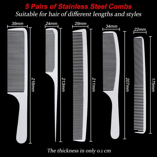 Boao 5 Pieces Stainless Steel Hair Comb Set - Silver Metal Tail Comb, Fine Cutting Combs, Hairdressing Combs, Teasing Combs, Detangler Combs - For Hair Styling Grooming