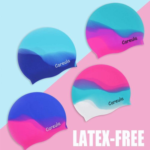 Swim Cap, 2 Pack Durable Silicone Swimming Caps for Kids Girls Boys Youths (Age 2-12), Soft 3D Ergonomic Waterproof Kids Swim Caps, Comfortable Fit for Long Hair and Short Hair