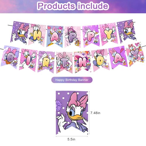 Daisy Duck Birthday Party Decoration, Daisy Duck Include Movie Theme Birthday Banner, Cake Topper, Latex Balloons for Fans Birthday Party Supplies