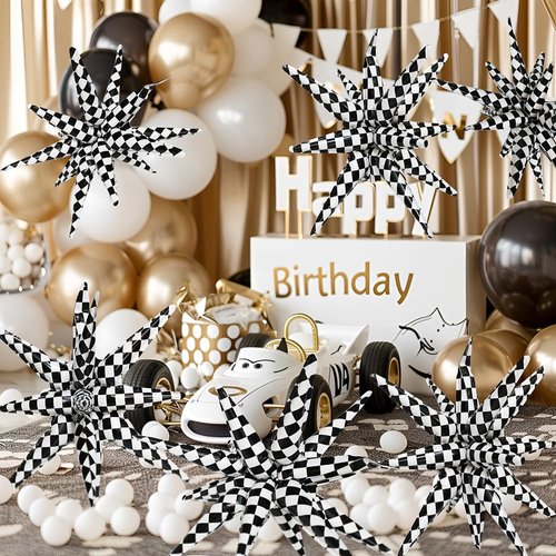 Black And White Checkered Balloon One-Piece Explosion Star Balloon 4D Checkerboard Race Car Birthday Supplies Racing Party Decoration, 6 Pack Black White Checker Spike Balloons With 14 Pointed Cone