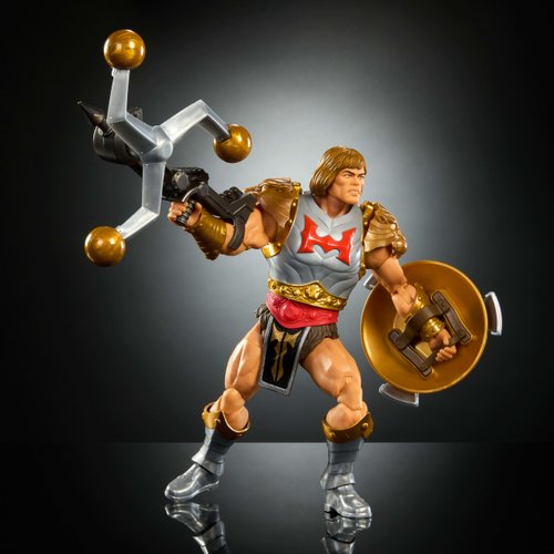 Masters of the Universe Masterverse 7-Inch Action Figure, New Eternia Flying Fists He-Man Motu Toy, Spinning Weapon & Shield, 30 Articulations