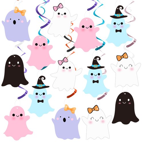 K KUMEED Halloween Decorations Hanging Swirls,20pcs Cute Colorful Ghost Foil Swirls Ceiling for Boys Girls Indoor Outdoor Halloween Birthday Baby Shower Ghost Party Supplies