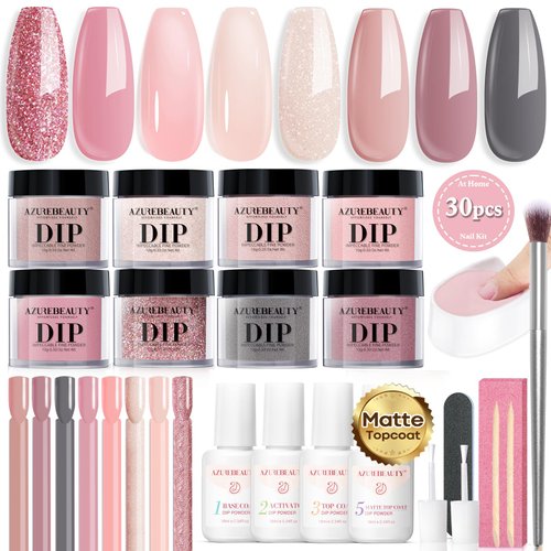 AZUREBEAUTY 30Pcs Dip Powder Nail Kit Starter with Nail Swatch Sticks, Translucent Nude Pink 8 Colors Dipping Liquid Set Added Matte Top Coat Recycling Tray for Velvet Nail Art Manicure Salon DIY Home