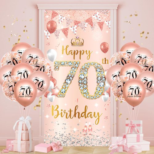 70th Birthday Party Decorations for Women Rose Gold Happy 70th Birthday Banner with 18pcs 70th Ba...