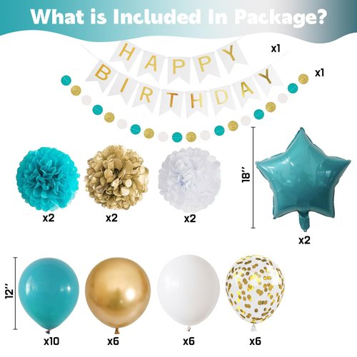 Teal and Gold Birthday Decorations, Turquoise Birthday Party Decoration Teal Blue White Gold Birthday Balloons Happy Birthday Banner Foil Balloon Aqua Pom Poms for Women Girls Birthday Party Supplies