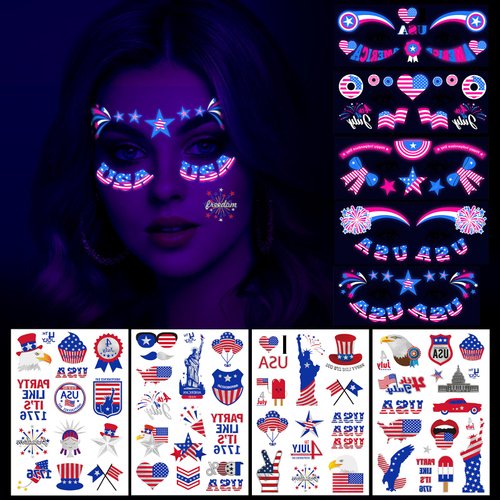 HOWAF 4th of July Temporary Tattoos-5 Sheets Glow Independence Day Face Tattoos 50+pcs Giltter USA Patriotic Tattoos Stickers, American Flag Red White Blue Tattoos Stickers for Face Body Decor