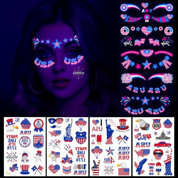 HOWAF 4th of July Temporary Tattoos-5 Sheets Glow Independence Day Face Tattoos 50+pcs Giltter USA Patriotic Tattoos Stickers, American Flag Red White Blue Tattoos Stickers for Face Body Decor