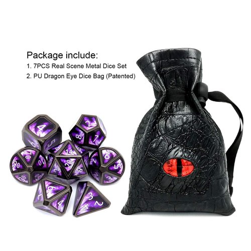 Haxtec Metal DND Dice Set Purple Black Real Scene D&D Metal Dice Set for Dungeons and Dragons TTRPG DND Gifts Elderitch Blast