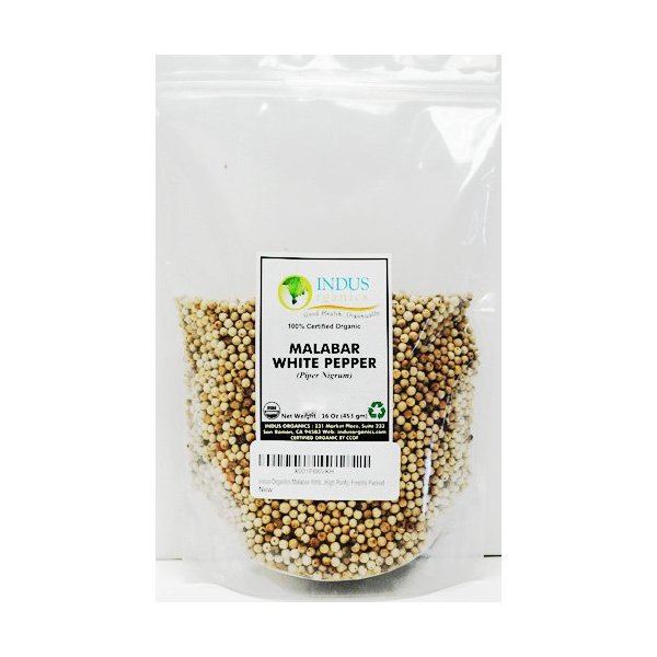 Indus Organics Malabar White Peppercorns, 1 Lb Bag, Premium Grade, High Purity, Freshly Packed