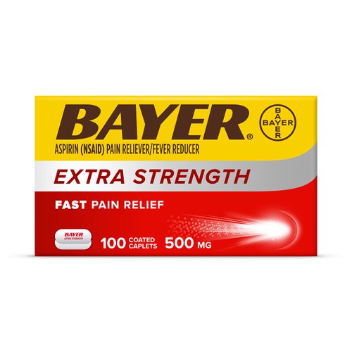 Bayer Extra Strength Aspirin 500 mg, Pain Reliever and Fever Reducer, Powerful Pain Relief of Headache, Muscle Pain, Minor Arthritis Pain, Back Ache, Toothache, and Menstrual Pain, 100 Coated Tablets