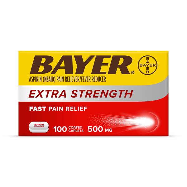 Bayer Extra Strength Aspirin 500 mg, Pain Reliever and Fever Reducer, Powerful Pain Relief of Headache, Muscle Pain, Minor Arthritis Pain, Back Ache, Toothache, and Menstrual Pain, 100 Coated Tablets