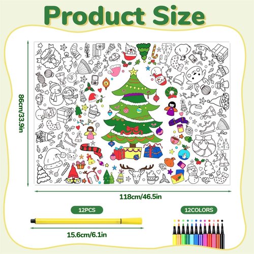 MOVINPE Giant Christmas Coloring Poster with 12pcs Colors Paint Pens for Kids, 33.9 x 46.5in Coloring Tablecloth Christmas Crafts - Ideal for Kids' School Party Festive Family Activities (Christmas)