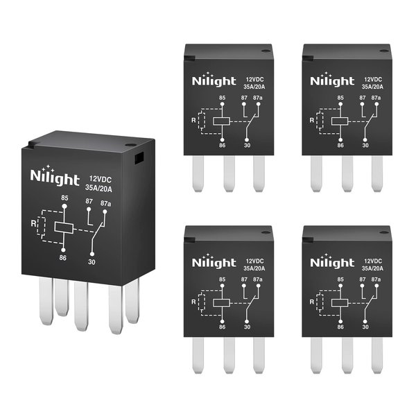 Nilight SPST Multi Purpose Relay 12V 5 Prong Fuel Pump Relay 5Pack 35A/20A Ultra Micro ISO Automotive Replacement Accessory Power Relays for Automotive Cars Truck tractor Marine Boat, 2 Years Warranty