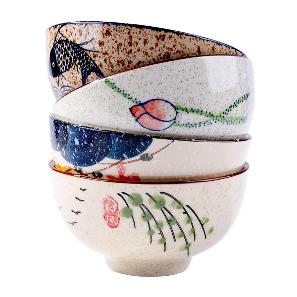 Whitenesser Japanese Retro Style Rice Bowl set of 4 Porcelain Small Bowl Set for Cereal Soup Dessert Snack