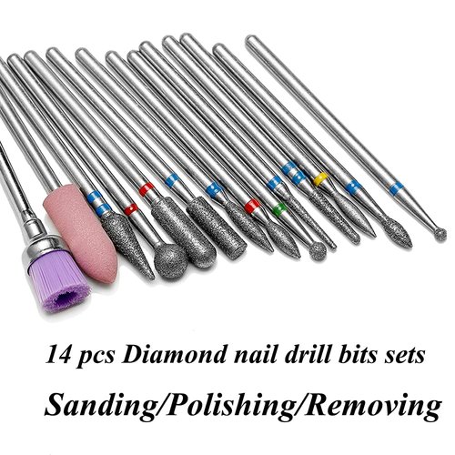 ERUIKA 14pcs Nail Drill Bits Set, Professional Rotary Burrs Diamond Cuticle Remover Bits Kit, 3/32" Electric Manicure Nail File Bit for Acrylic Gel Nails Cuticle Manicure