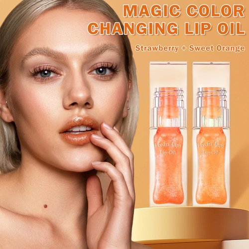 LZXLUKGIR Magic Color Changing Lip Oil Stain,2PCS Color Changing Lip Gloss Oil,Hydrating PH Lip Oil,Tinted Lip Plumping Gloss,Non-sticky Fresh Texture for Lip Care (Strawberry + Orange)