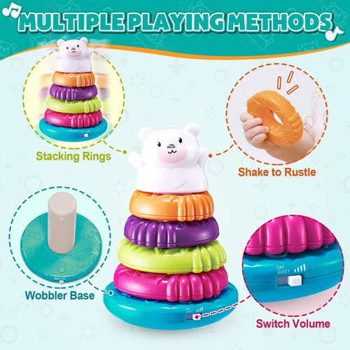 auby Stacking Rings Baby Toys STEM Learning Toy with Sound Effects & Wobbling Base Educational Sensory Stacking Toys for Toddlers Babies Boy Girl Age 9+ Months, 8 in Set
