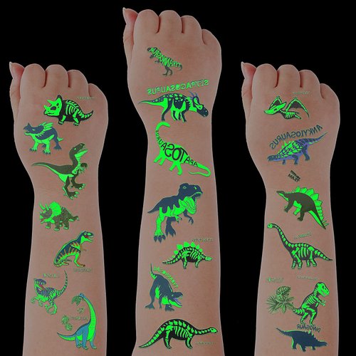 Zonon Halloween Dinosaur Temporary Tattoos for Kids Glow in The Dark Dinosaur Tattoos Sticker Luminous Waterproof Dino Temporary Tattoos for kids Halloween Christmas Party Supplies(Glow Style)
