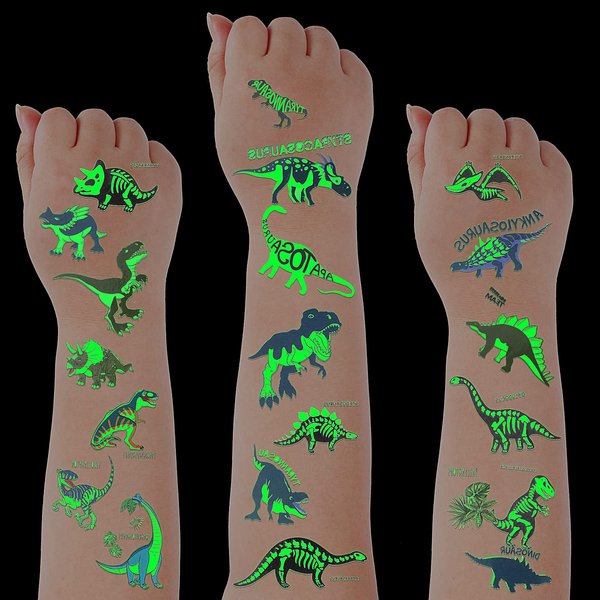 Zonon Halloween Dinosaur Temporary Tattoos for Kids Glow in The Dark Dinosaur Tattoos Sticker Luminous Waterproof Dino Temporary Tattoos for kids Halloween Christmas Party Supplies(Glow Style)