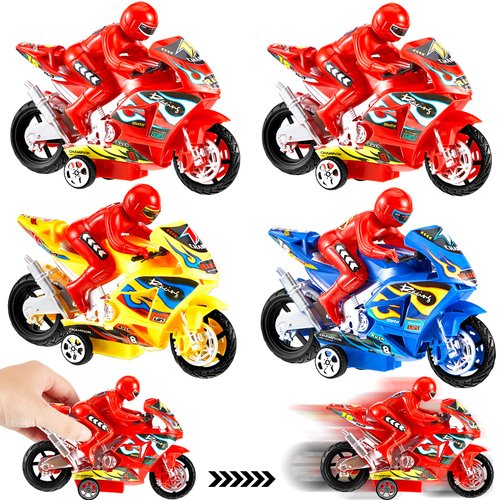 Civaner 4 Pieces Motorcycle Toys Set Miniature Motorbike Toys Plastic Friction Motorcycles Push and Go Friction Powered Toy Motorbikes for Birthday Party Favors Supplies Cake Toppers, Random Colors