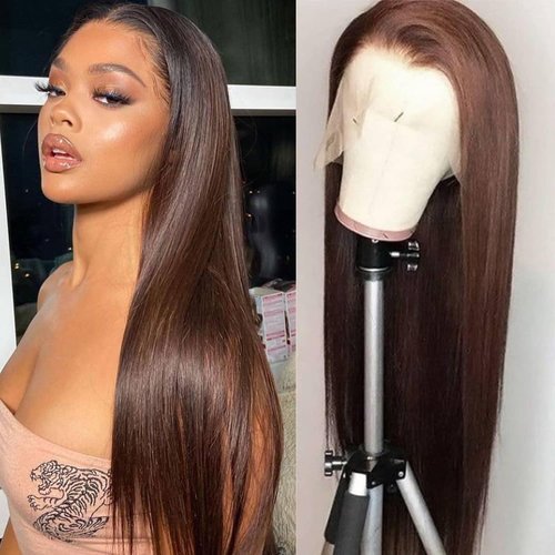 liddywig 13x4 Straight Lace Front Wigs Human Hair, 22Inch Chocolate Brown Wigs Human Hair Pre Plu...