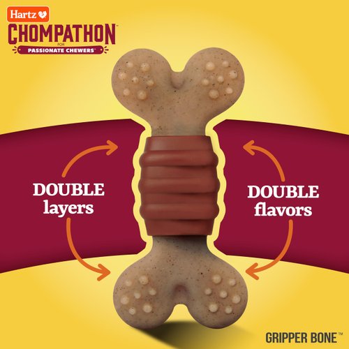 Hartz New Chompathon Gripper Bone Dog Chew Toy for Aggressive Chewers, Double Layered Flavored with Chicken & Bacon