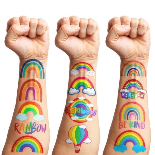 8 Sheets (96PCS) Rainbow Temporary Tattoos Theme Birthday Party Decorations Supplies Party Favors Decor Tattoo Stickers For Kids Girls Boys Gifts Classroom School Prizes Rewards