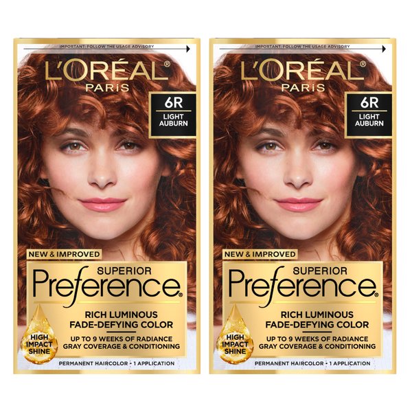L'Oreal Paris Superior Preference Luminous Fade-Defying Permanent Hair Color, Hair Dye For Up to 9 Weeks of Radiance, Light Auburn 6R, 1 Hair Dye Kit (Pack of 2)