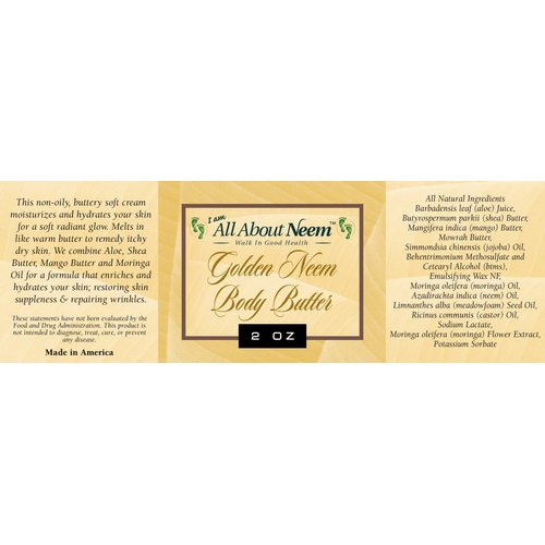 Neem Oil "Golden Body Butter" Organic with Hemp, Moringa, Mango, Mowrah & Shea Butters 8 Oz Jar Hydrating Neem Skin Cream