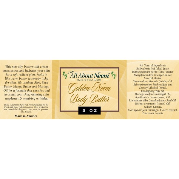 Neem Oil "Golden Body Butter" Organic with Hemp, Moringa, Mango, Mowrah & Shea Butters 8 Oz Jar Hydrating Neem Skin Cream