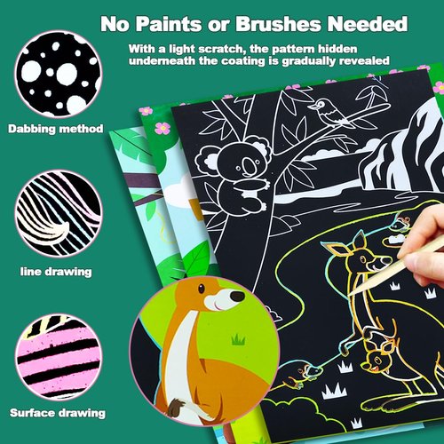 BAOXUE Scratch Art for Kids,Black Rainbow Scratch Art Paper Set,Animals Crafts Kits Supplies,Toddlers Activity Party Games, Art Gifts for Girls Boys, Stocking Stuffers for Kids