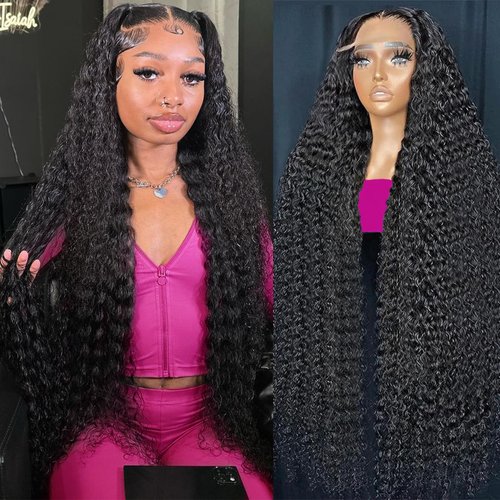 YUPEWG Deep Wave Lace Front Wigs Human Hair Pre Plucked 180% Density 13x4 HD Transparent Lace Front Wigs Human Hair for Women Glueless Wigs Deep Curly Wigs Natural Hairline (32 Inch)