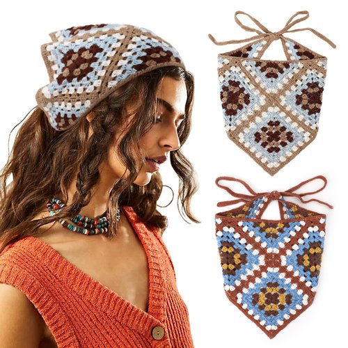 DRESHOW Floral Crochet Hair Bandana 2 PCS Tie Knotted Headscarf Vintage Headband Knitted Head Kerchief for Women&Girls