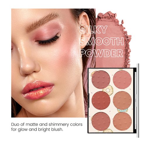 KYDA 6 Colors Face Blush Palette, Matte Shimmer Blush Palette, Smooth Blendable Powder Blush, Contour Highlighter Blush Multiuse Makeup Palette-Set A