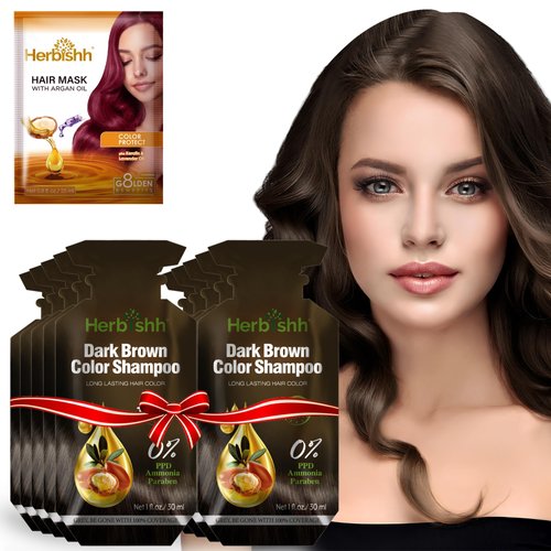 Herbishh Hair Shampoo with 3-in-1 Dye | PPD-Free | Easy Gray Coverage | Travel Size | 10 Sachets + 1 Argan Mask Pouch (Dark Brown)