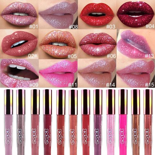 evpct 2Pcs Ruby Red & Dark Red Matte to Glitter Liquid Lipstick Long Lasting Lip Set Kit for Women Diamond Shiny Glitter Sparkly Glossy Metallic Shimmer Sparkle Waterproof Lipstick Lip Gloss 03+04