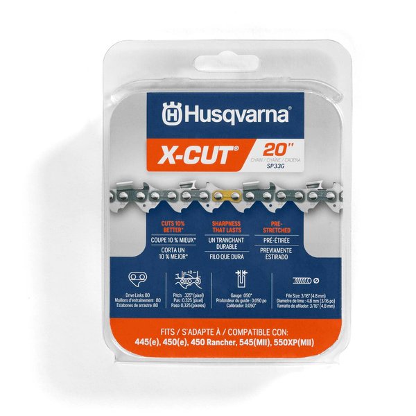 Husqvarna X-Cut SP33G 20 Inch Chainsaw Chain, .325" Pitch, .050" Gauge, 80 Drive Links, Pre-Stretched Chainsaw Blade Replacement with Superior Lubrication and Low Kickback, Gray